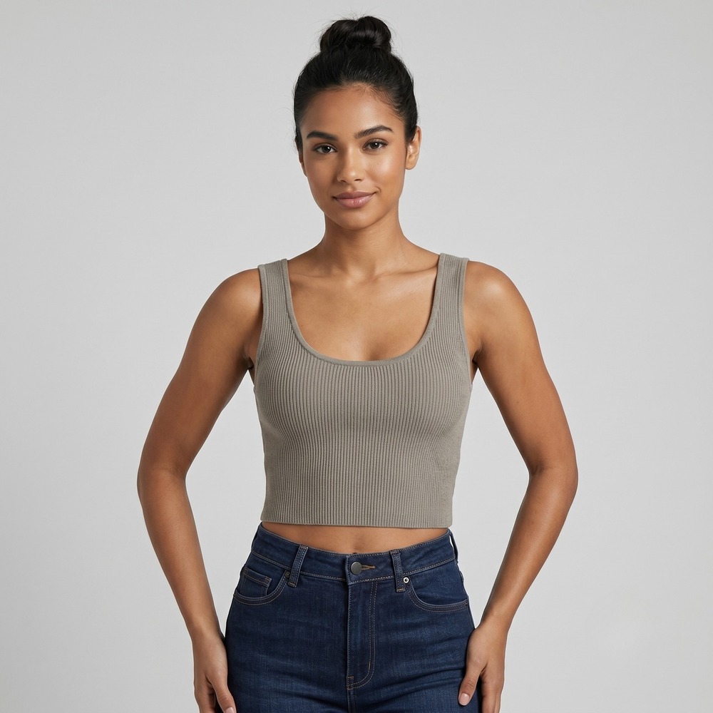 Forever 21 Women Medium Taupe Crop‎ Top Tank Ribbed Knit Scoop Neck Sleeveless